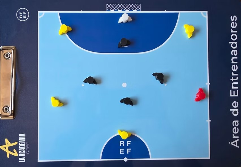 Jugada planteada con fichas amarillas y negras sobre una pizarra azul